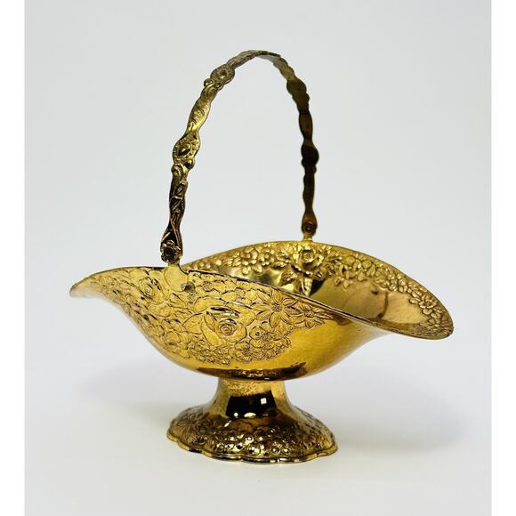 Holiday Imports Gold Plated Metal Basket with Handle Pedestal Floral Decor - Picture 4 of 10